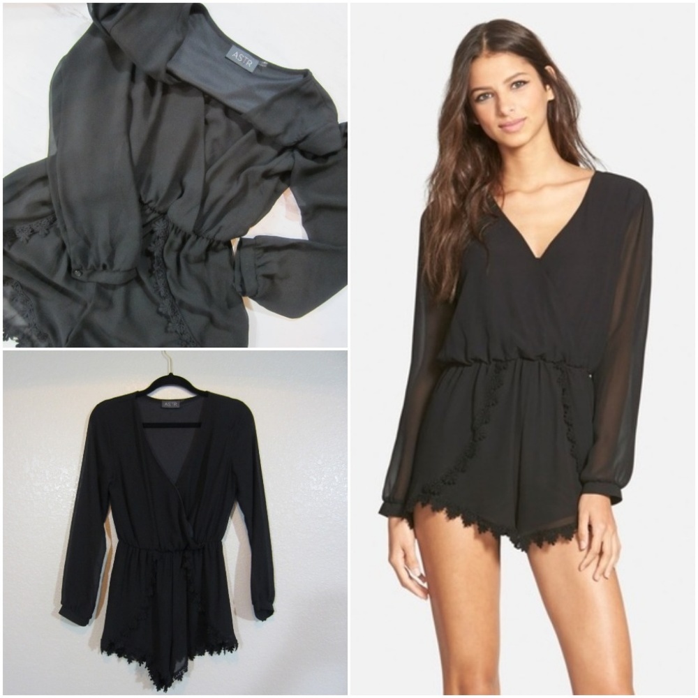 Astr | Black Lace Trim Romper Sheer Long Sleeves